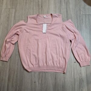 Minnie Rose Long Sleeve Cold Shoulder Cotton Cashmere Pink Sweater 2X